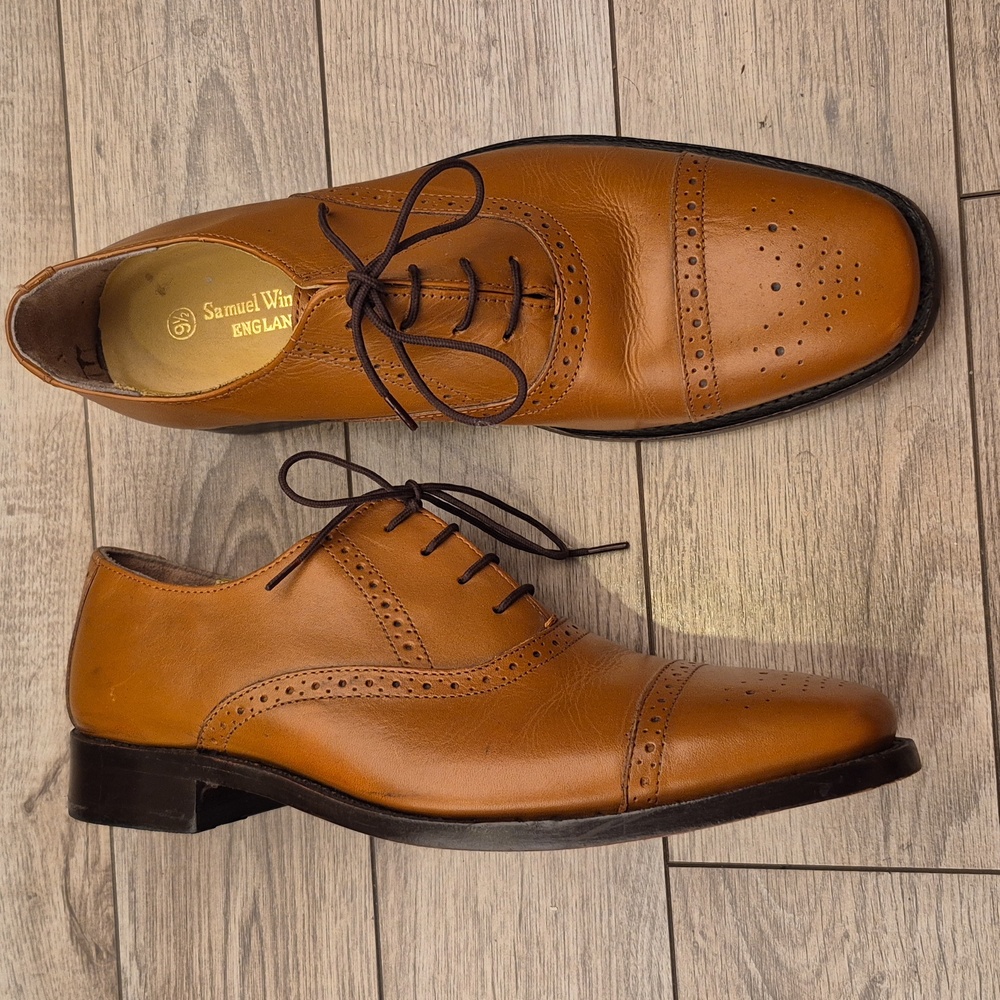 SAMUEL WINDSOR England Lace Up Cap Toe Tan Brown Leather Sz 9.5 Mens Dress Shoes